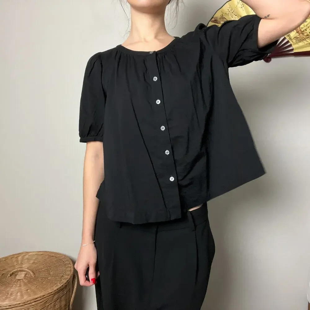 black minimalist puff sleeve boxy cotton button shirt blouse top
